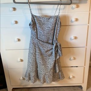 white and black polka dot wrap dress